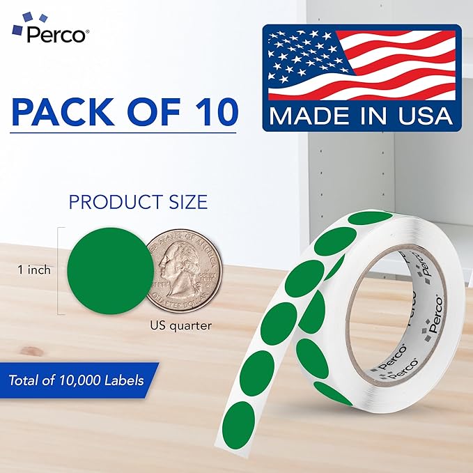 Perco Green 1-Inch Perforated Circle Dot Sticker Labels — 10 Rolls, 000 Round - Image 2