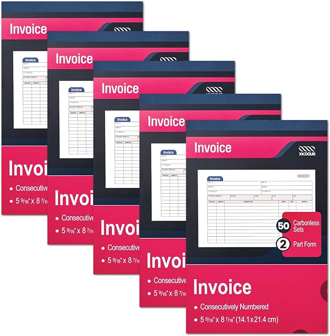 XKDOUS 5 Pack Invoice Receipt Book, 2-Part Carbonless, 5-9/16" x 8-7/16" by XKDOUS