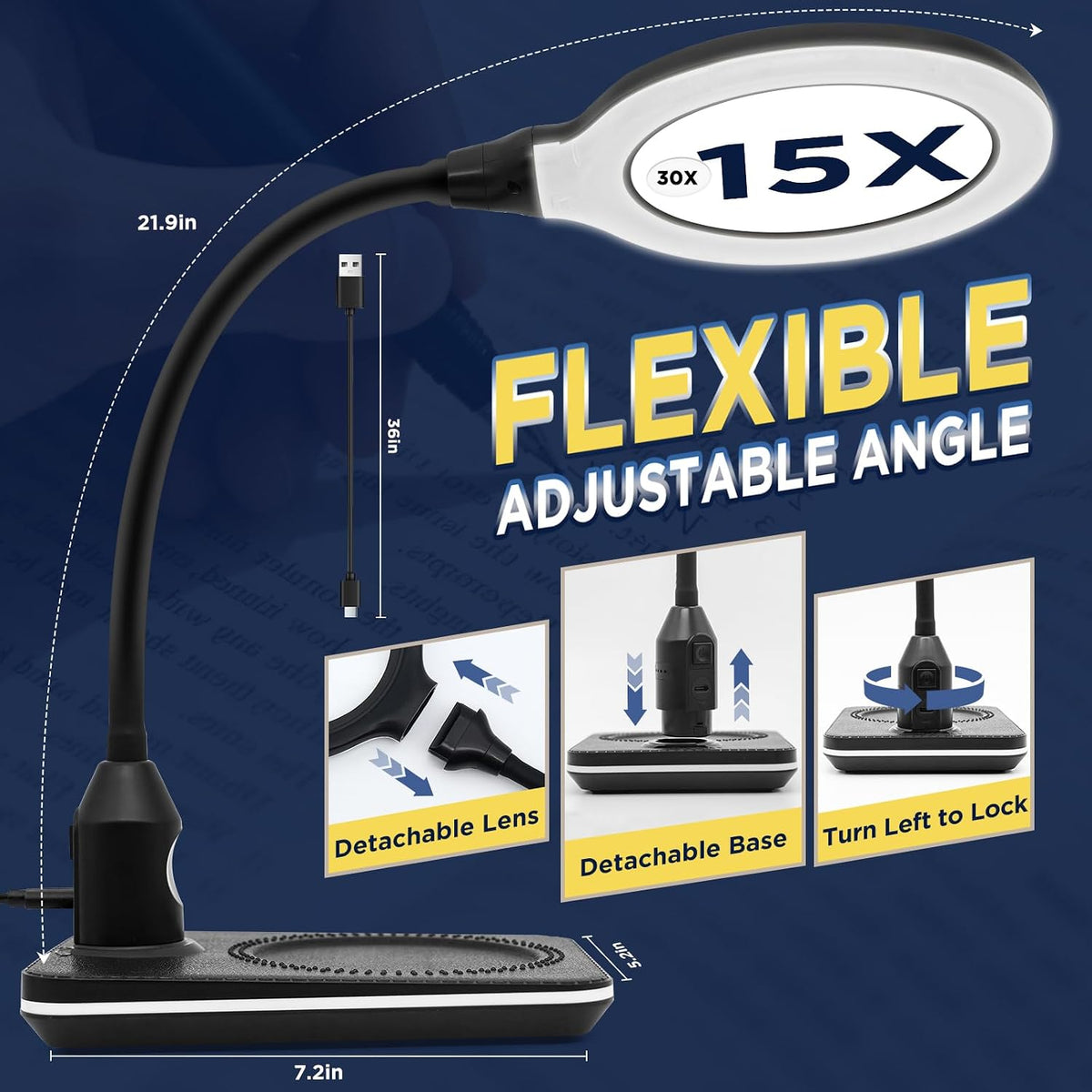 15X 30X Rechargeable Magnifying Glass with Light and Stand for Reading