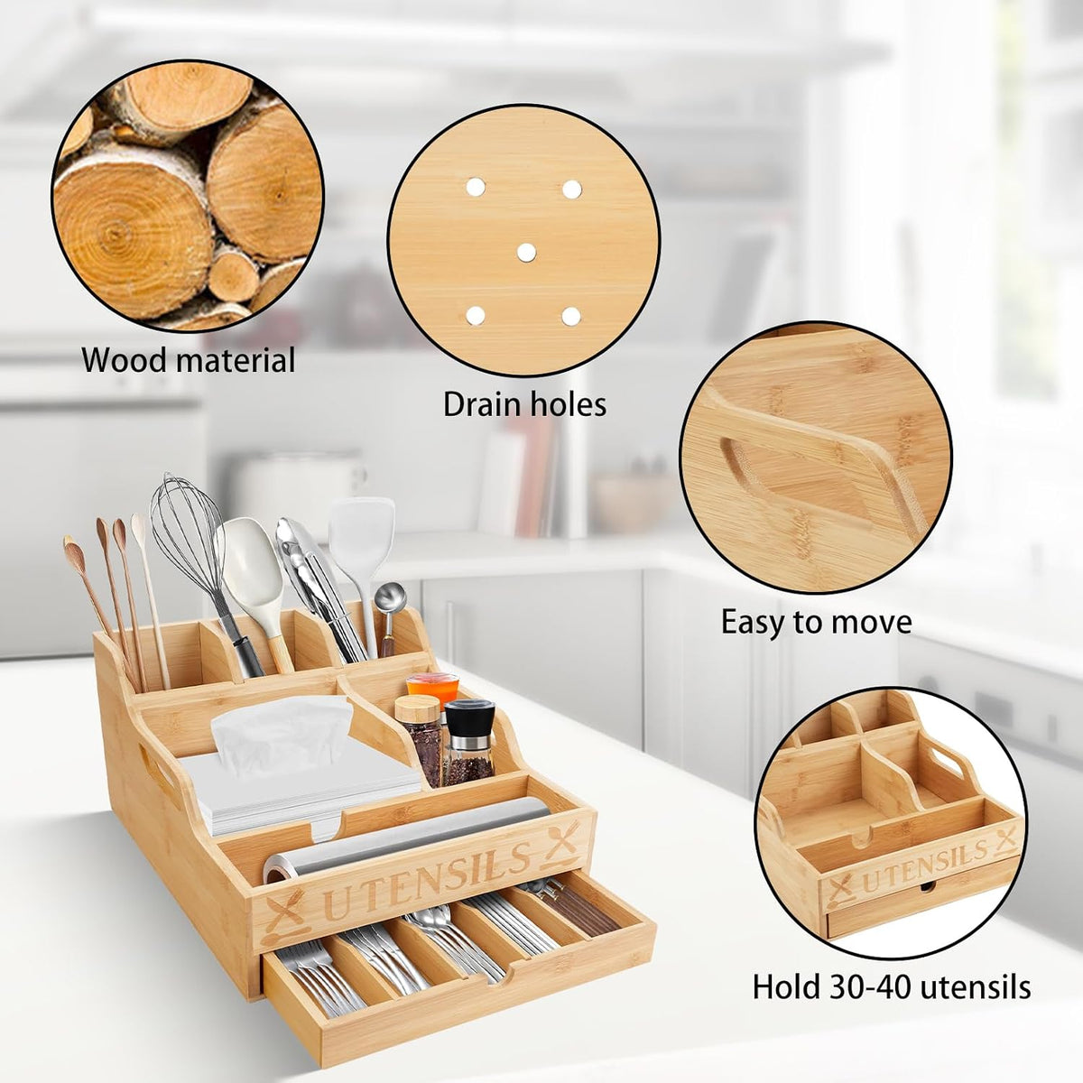 Kitchen Utensil Holder with Drawer, Farmhouse Spatula Organizer for Counterto...