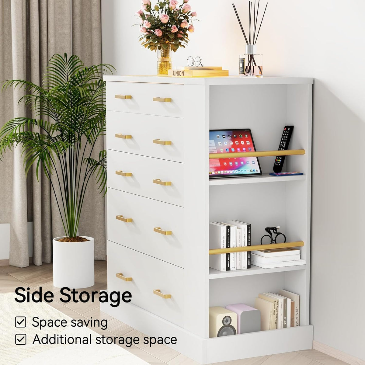 Drawer Dresser with Glass Top, LED Lights, 3 Open Shelves