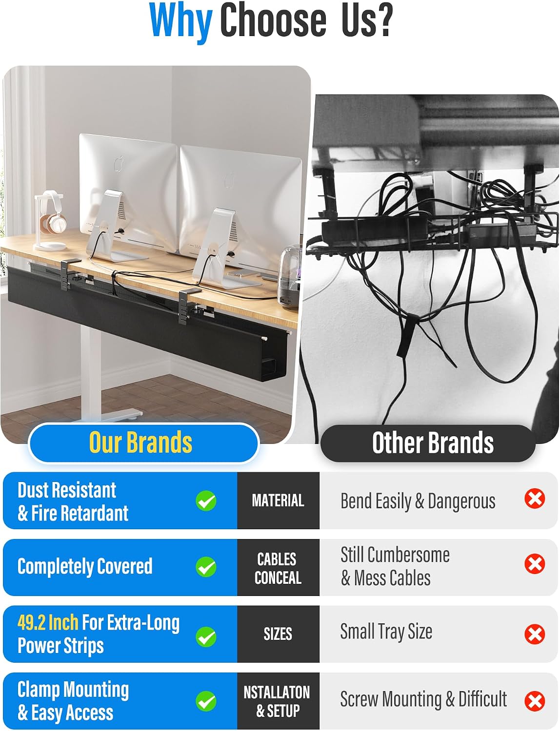 Cinati 49.2" Under Desk Cable Management Tray, Large Fabric Cord Organizer