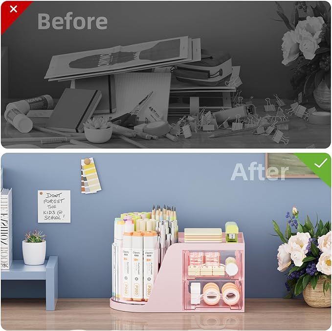 Marbrasse Desk Organizer with 2 Drawer, 360°Rotating Pen Holder, Desk - Image 7
