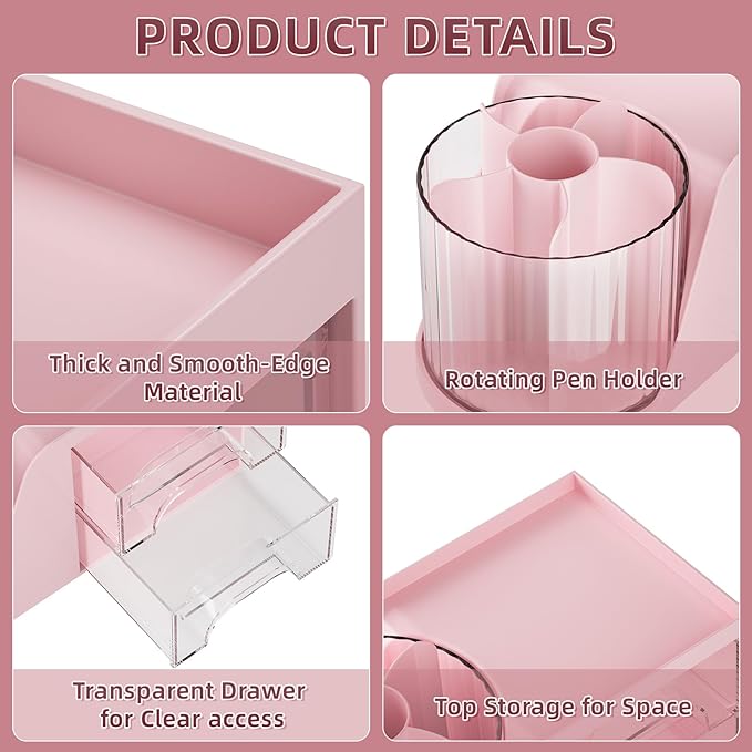 Marbrasse Desk Organizer with 2 Drawer, 360°Rotating Pen Holder, Desk - Image 5