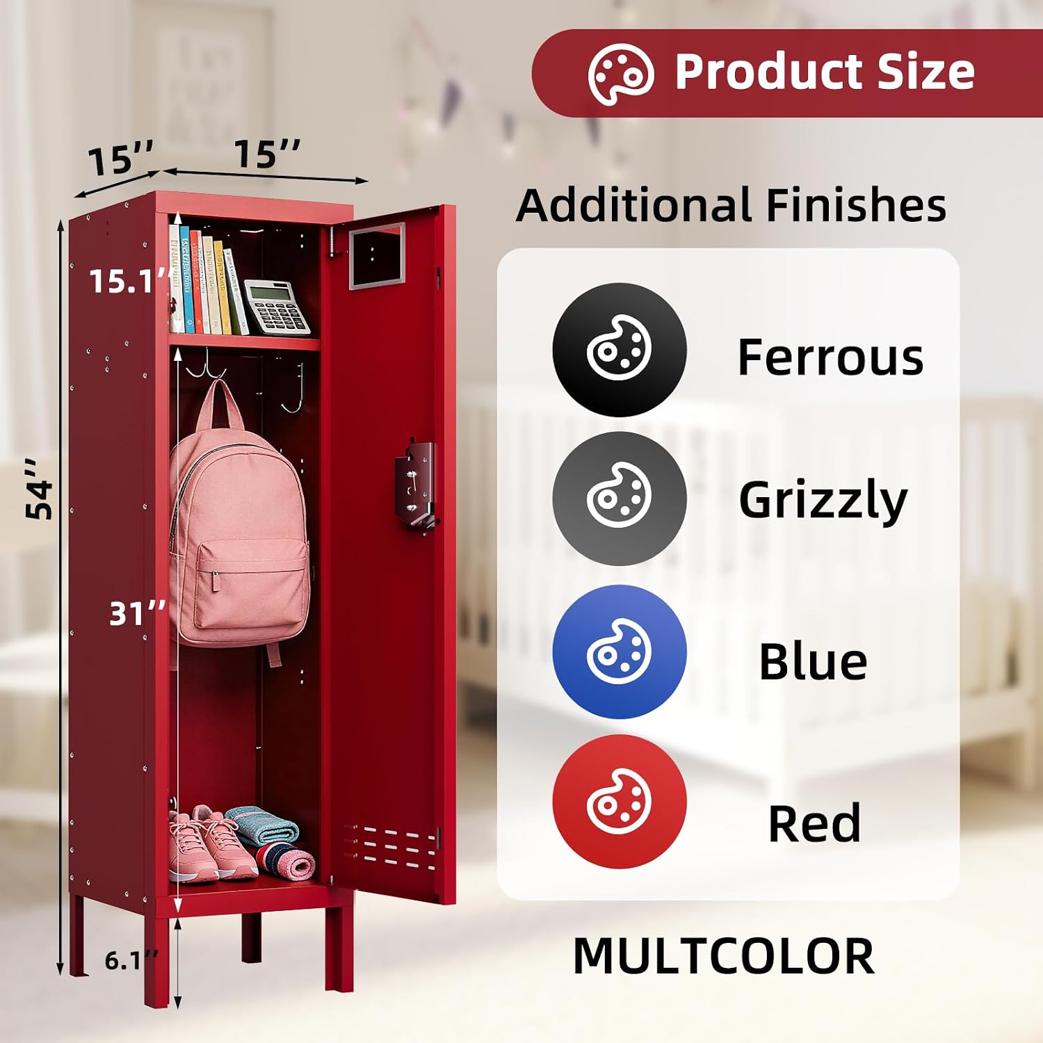 KAER Red Locker 54" H Metal Storage Locker Lockable Kid Sport Locker Employees Steel Locker with Door Shelf Mirror & Hooks for Home School Gym Office