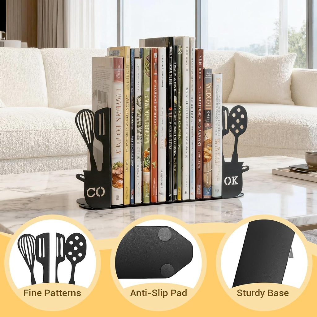 ENCIMART Metal Book Ends for Shelves, Kitchen Bookends Home Decorative Bookends for Heavy Books, Unique Cute Cookbook Organizer Book Holder for Kitchen Housewarming Cooking Book Lover Gifts, Black