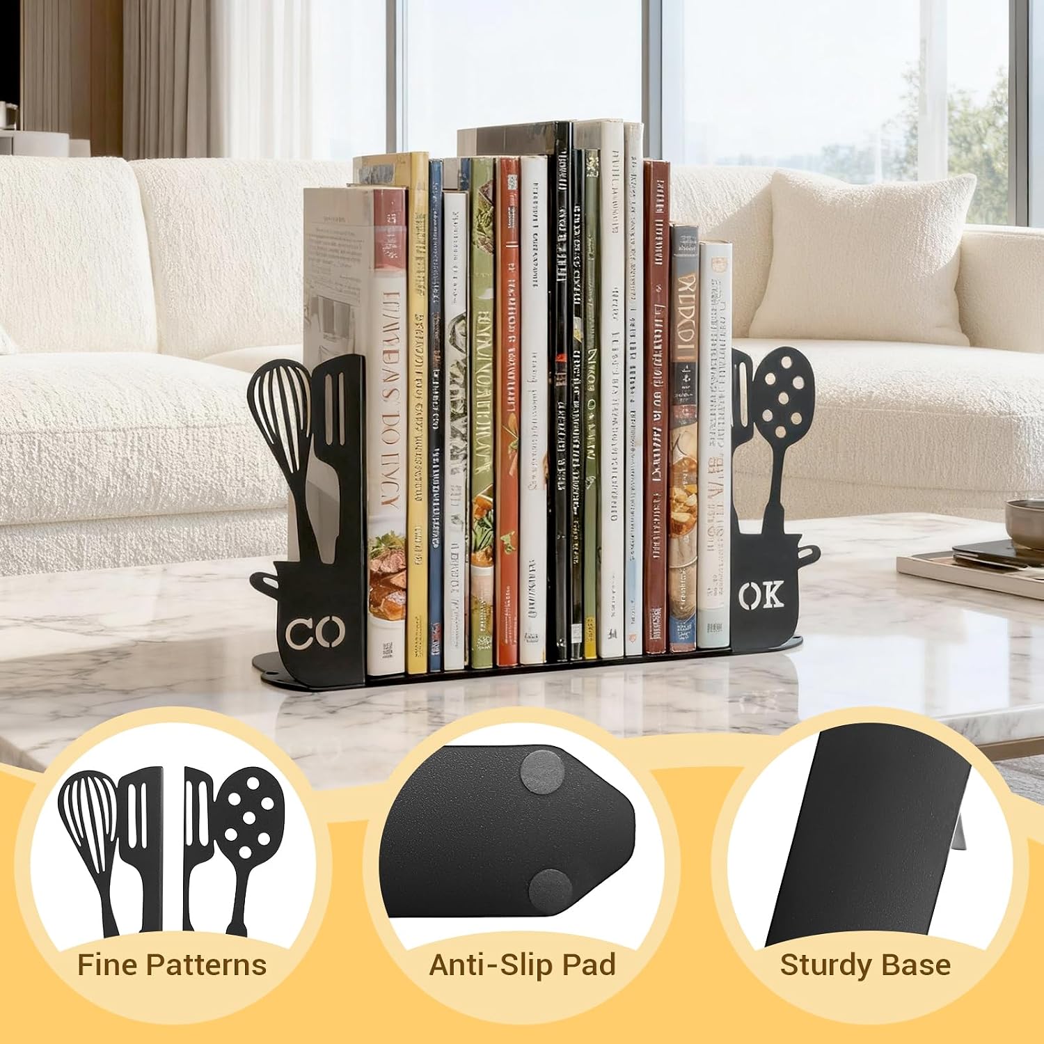 ENCIMART Metal Book Ends for Shelves, Kitchen Bookends Home Decorative Bookends for Heavy Books, Unique Cute Cookbook Organizer Book Holder for Kitchen Housewarming Cooking Book Lover Gifts, Black
