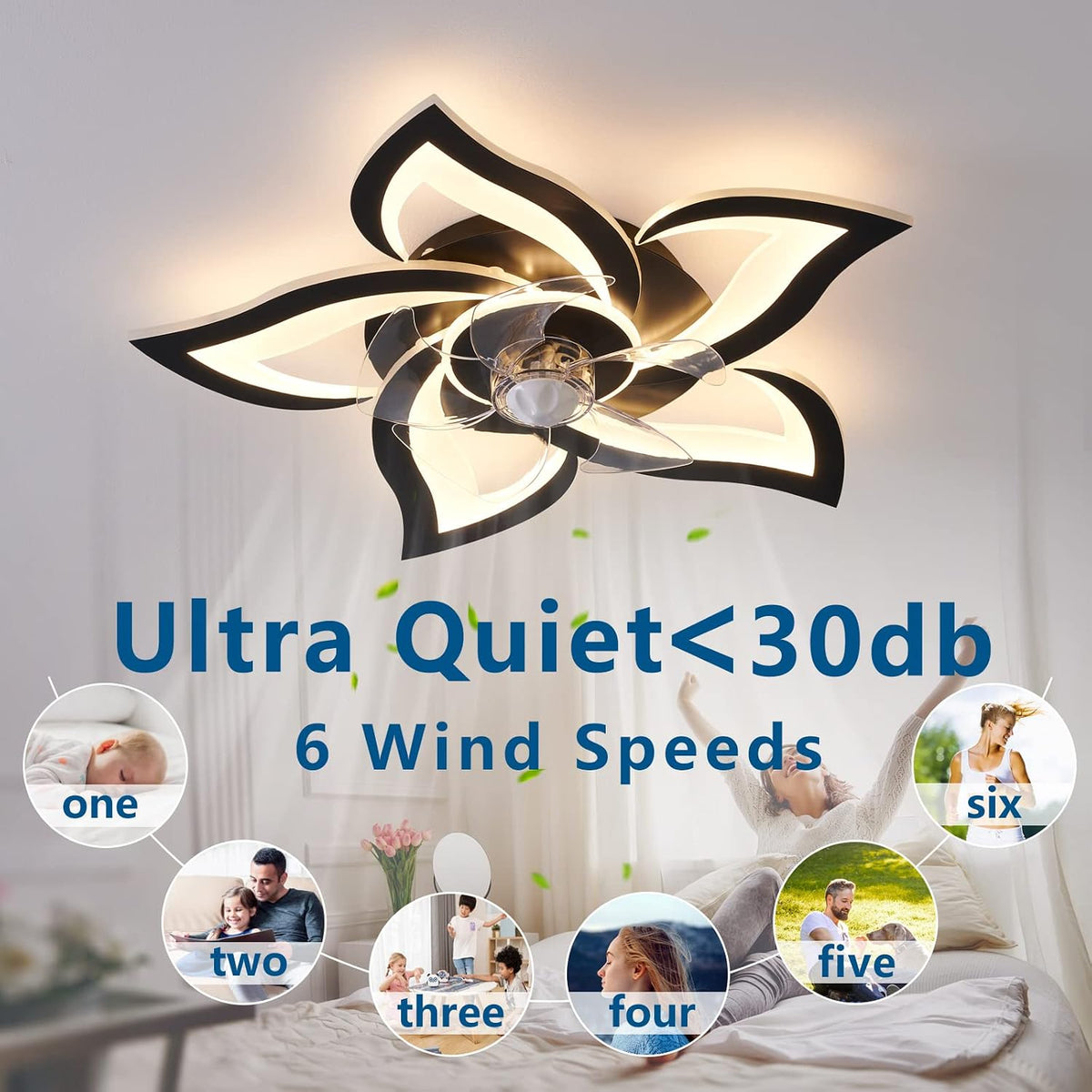 dalouguan 24" black flower ceiling fan with lights showing dimensions