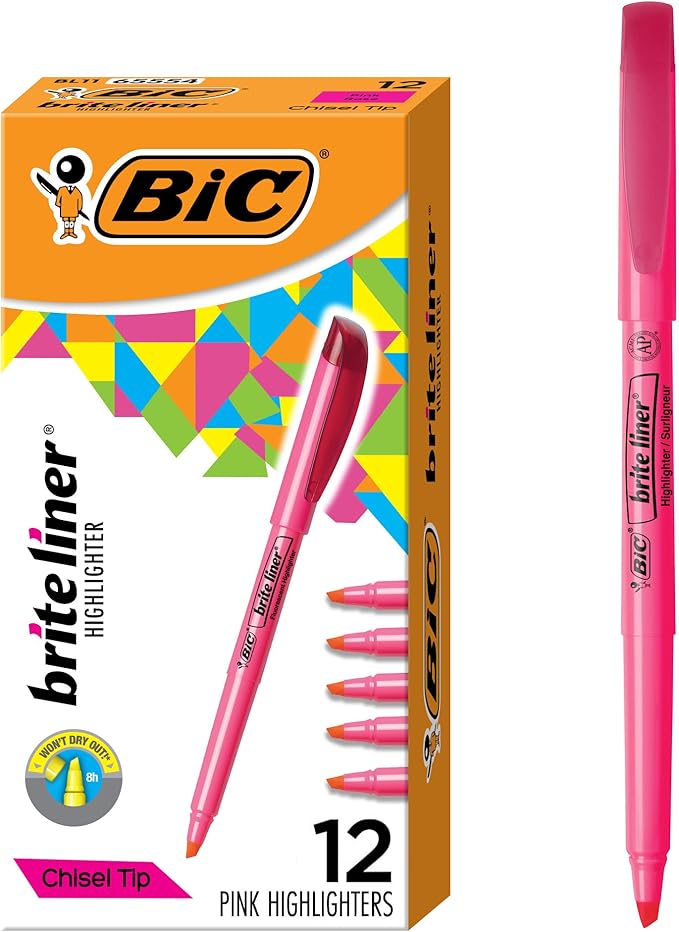BIC Brite Liner Highlighters, Chisel Tip, 12-Count Pack of Pink Highlighters by BIC