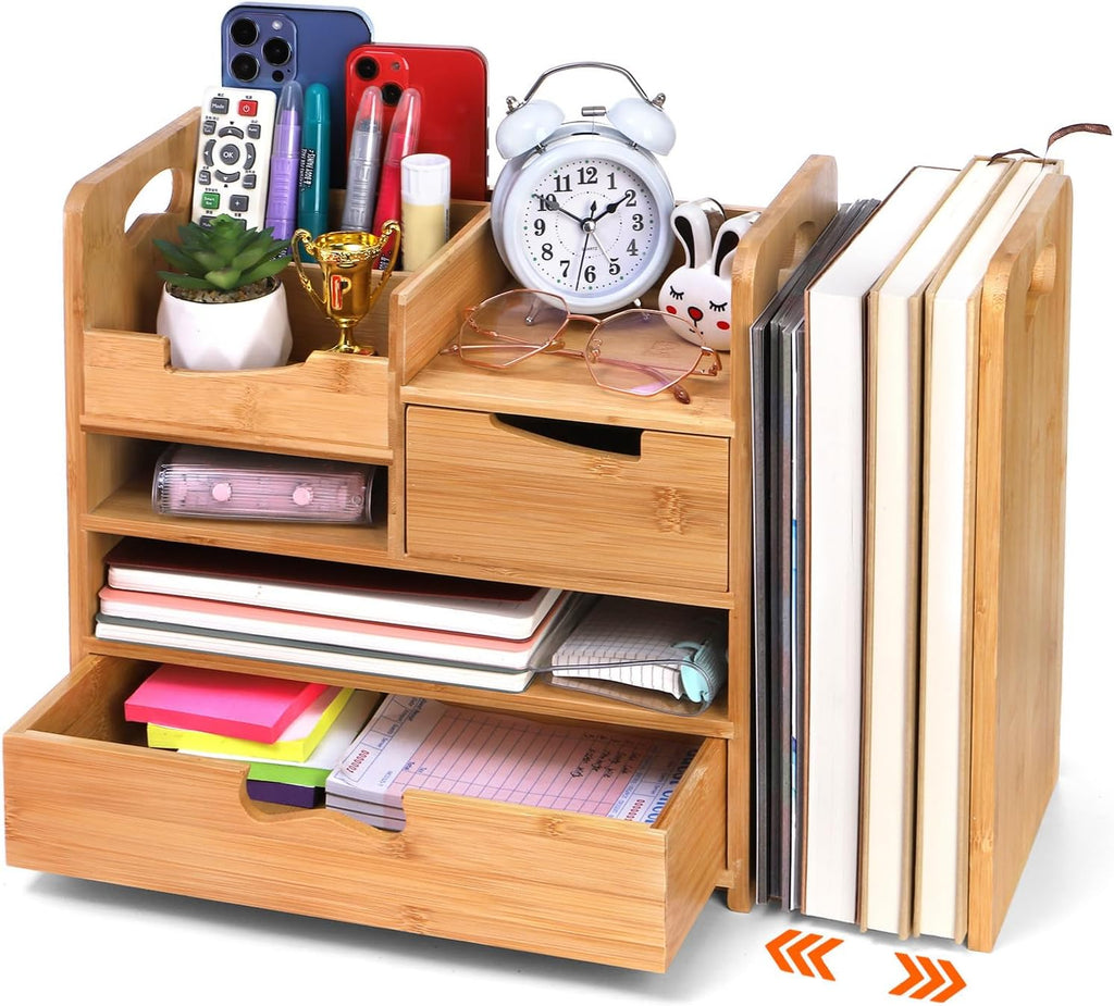zoofox bamboo desk organizer with adjustable file holder shown in use