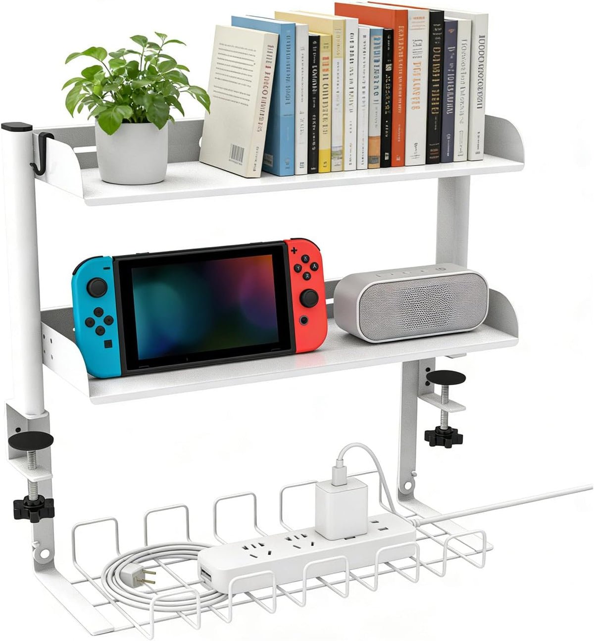 3 Tier Clamp on Desk Shelf,Desktop Organizer with Under Desk Hidden Basket