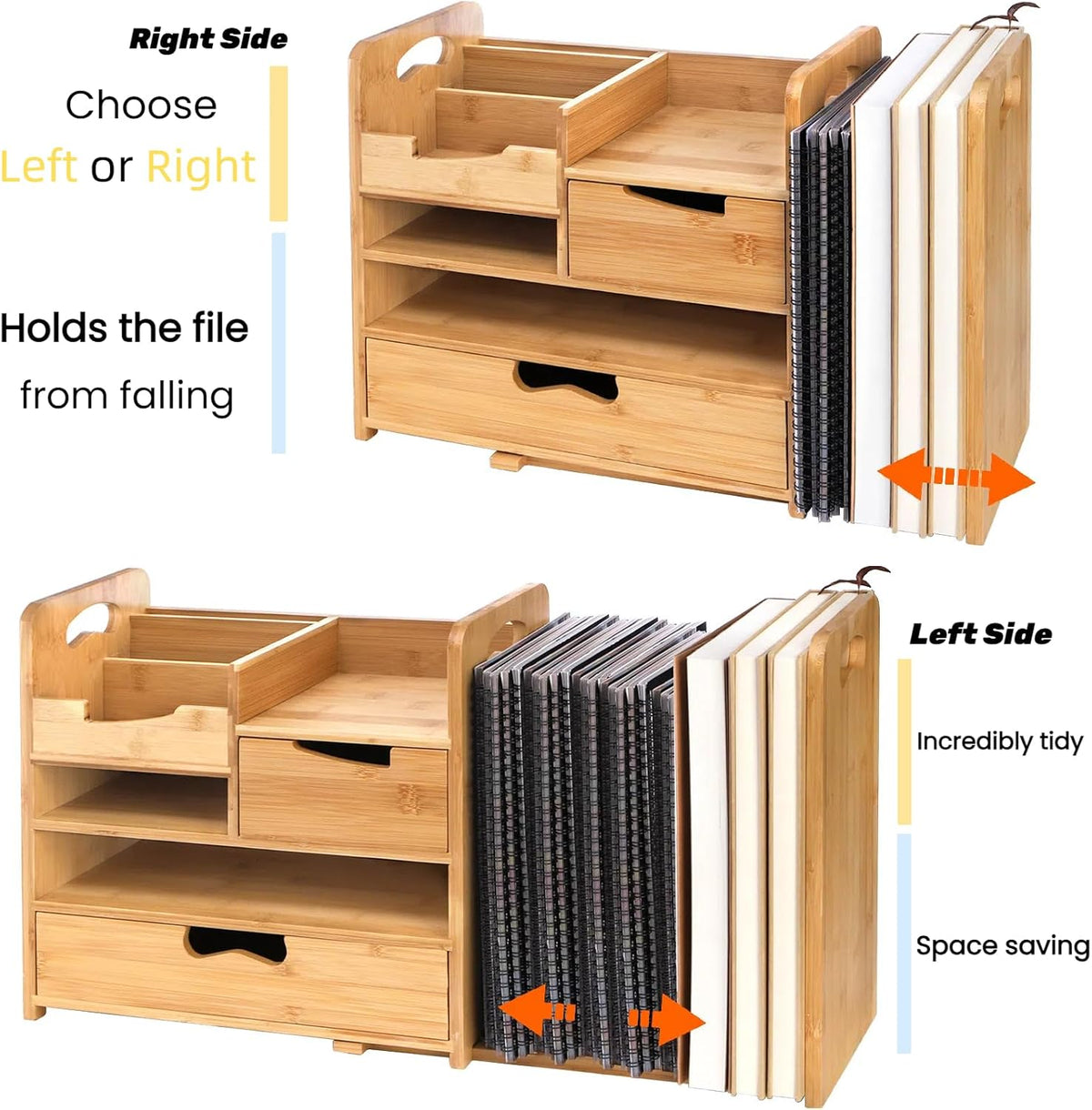 zoofox bamboo desk organizer with adjustable file holder, side view