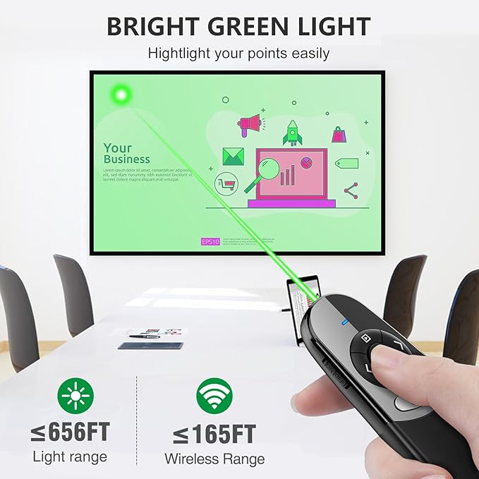 DINOSTRIKE USB A and USB C Presentation Clicker Green Light, RF 2.4GHz Wireless - Image 4