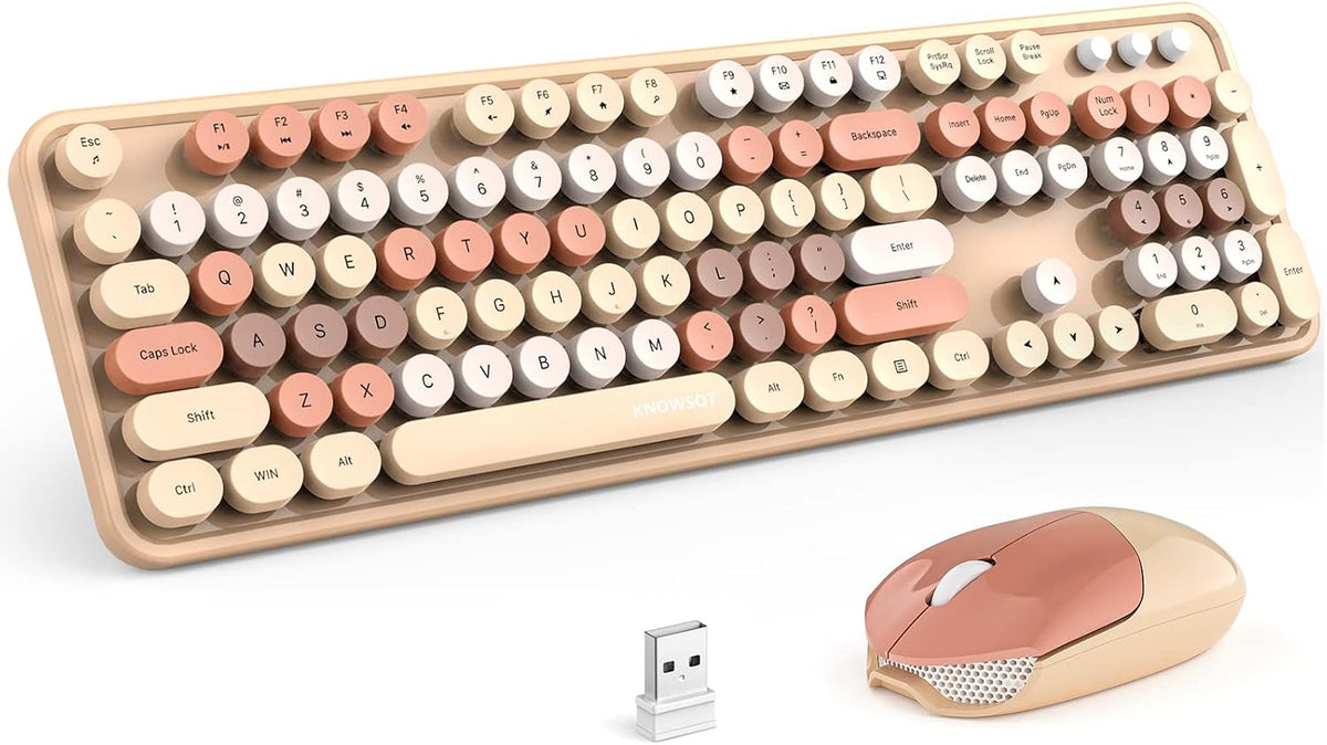 KNOWSQT Wireless Keyboard and Mouse Combo, MilkTea 104 Keys Full-Sized 2.4 GH...