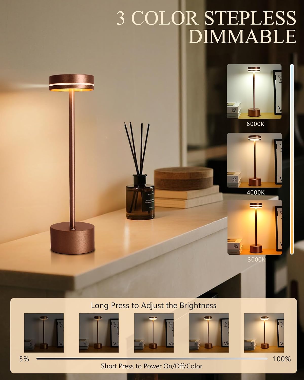 2 Pack LED Cordless Table Lamp Rechargeable, 5000mAh Portable Battery Operate...