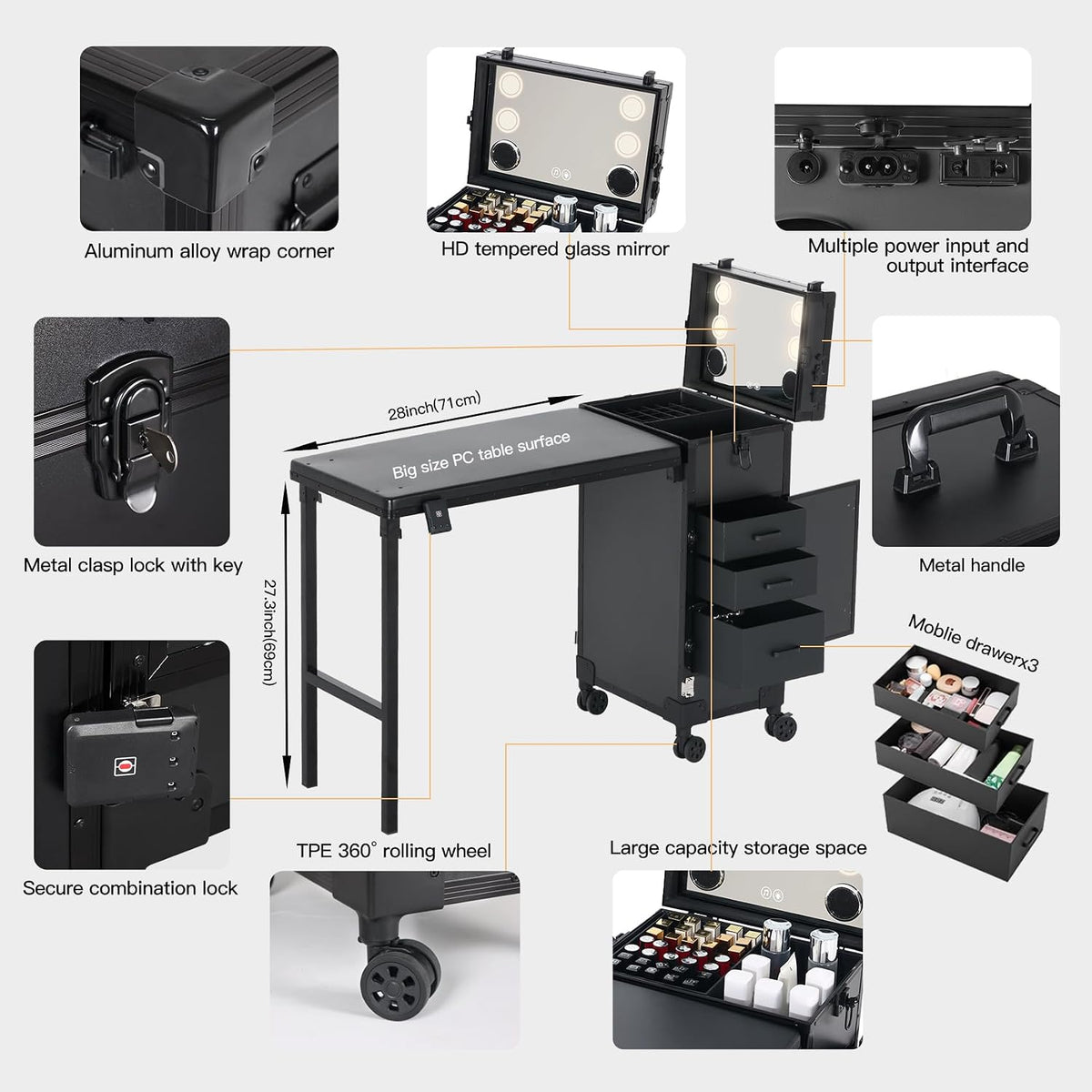Portable Nail Desk for Nail Tech, Foldable Manicure Table with 3 Drawers &amp...