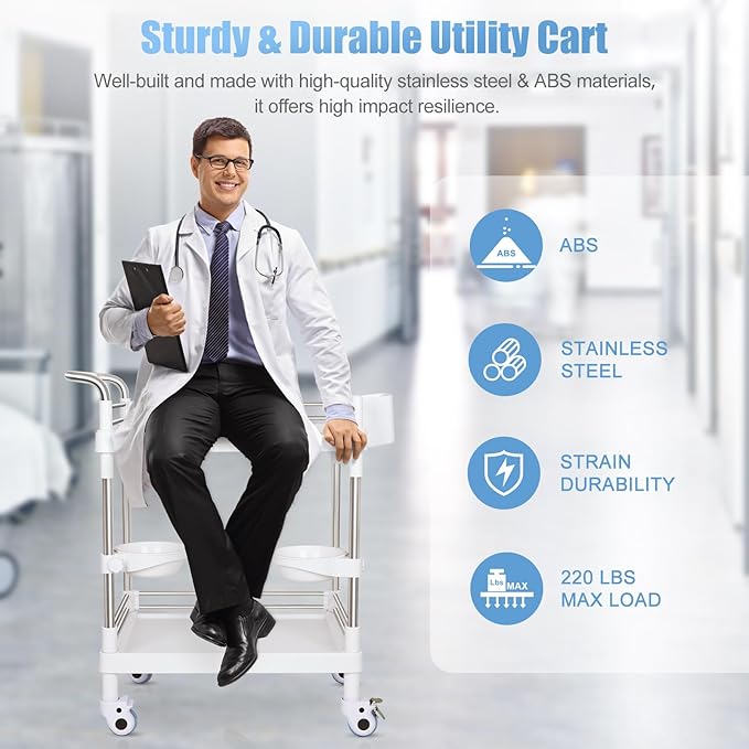 Mobile Utility Cart with Wheels Professional Medical Trolley Cart 220 Lbs Load - Image 3