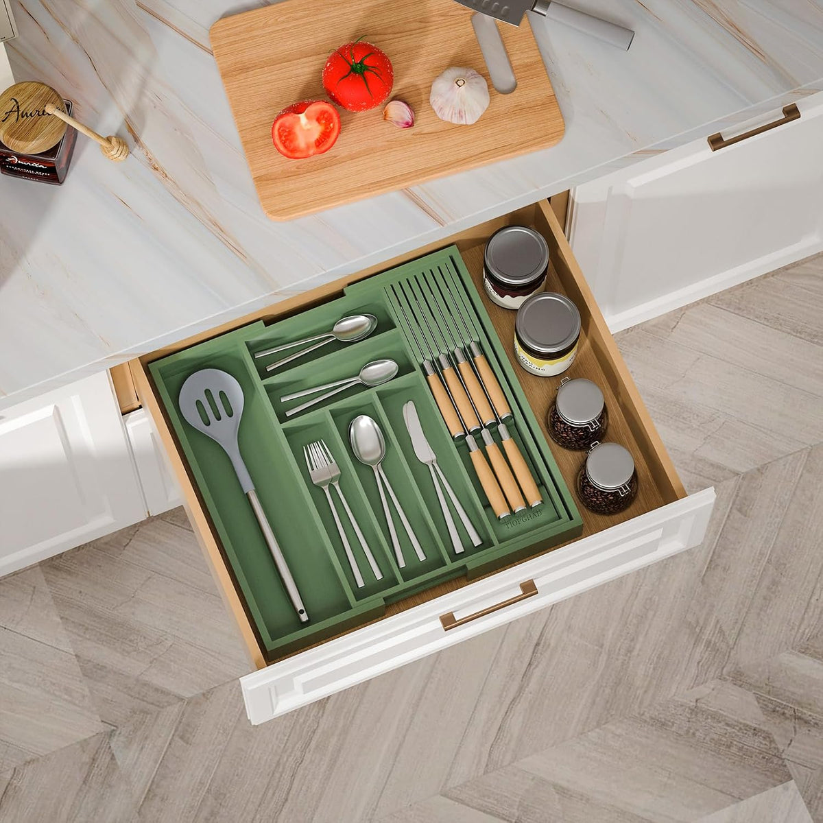 TIOPGHAD Expandable Bamboo Silverware Drawer Organizer Tray, Grayish Green