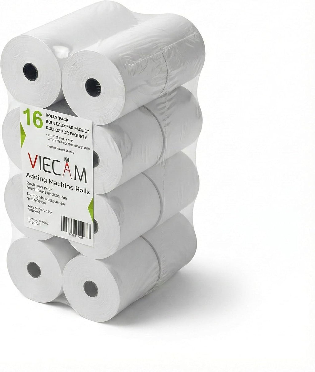 2 1/4" x 150' White Adding Machine Paper Rolls – One Ply Register/Calculator/10-Key Paper for Printing Calculators and Registers – 16 Rolls