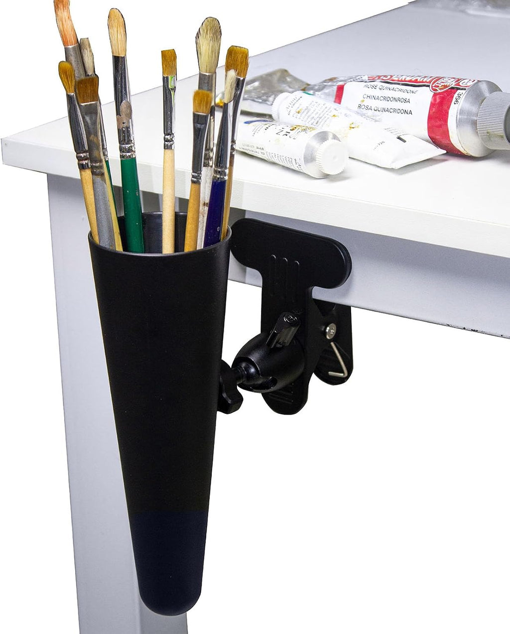 clip-on paint brush holder, 360-degree adjustable artist caddy, side view