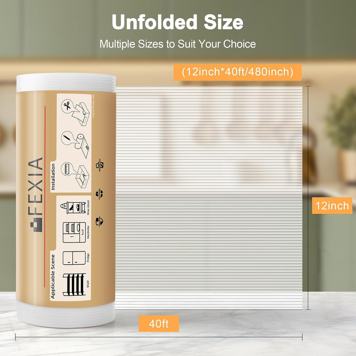 FEXIA Shelf Liner 2 Rolls 12IN x 40FT for Kitchen Cabinet Drawer, Fridge