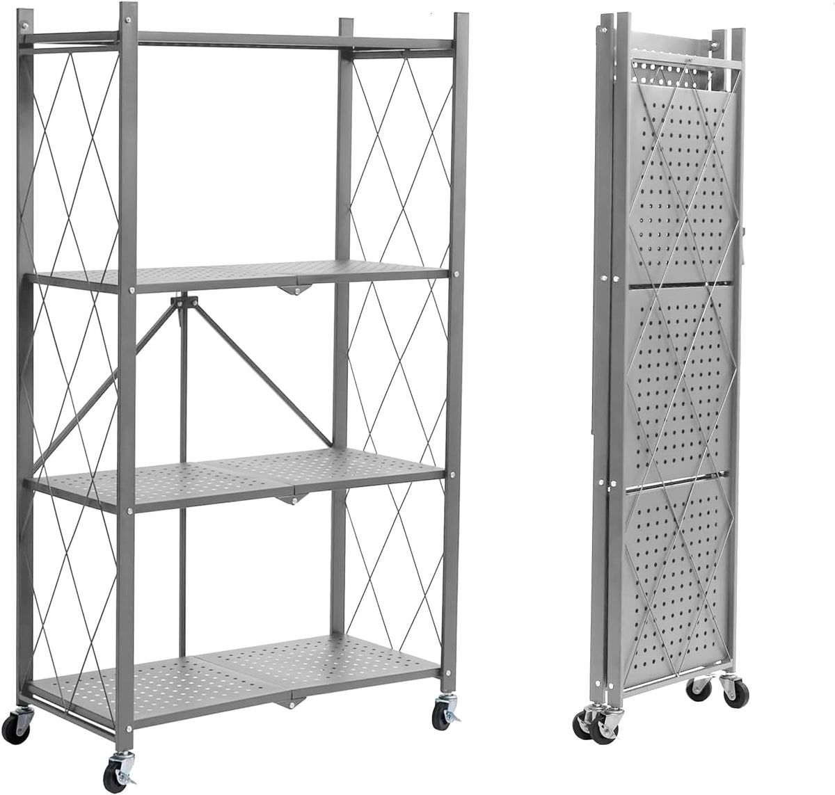 BRIAN & DANY 4-Tier Foldable Storage Shelves with Wheels, Folding Metal R...