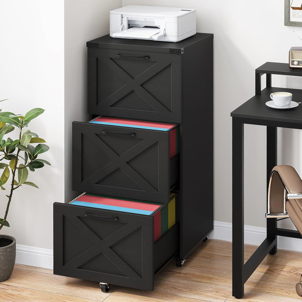3 drawers tall farmhouse file cabinet with wheels shown in use