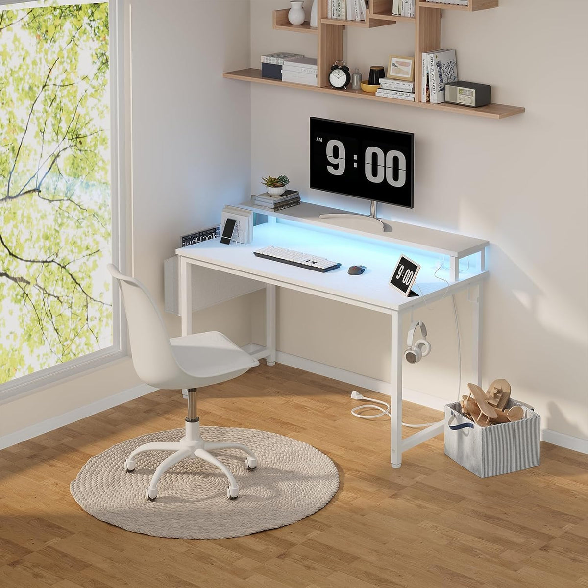 Lufeiya White Computer Desk with LED Lights and Power Outlets, 40 Inch Home O...