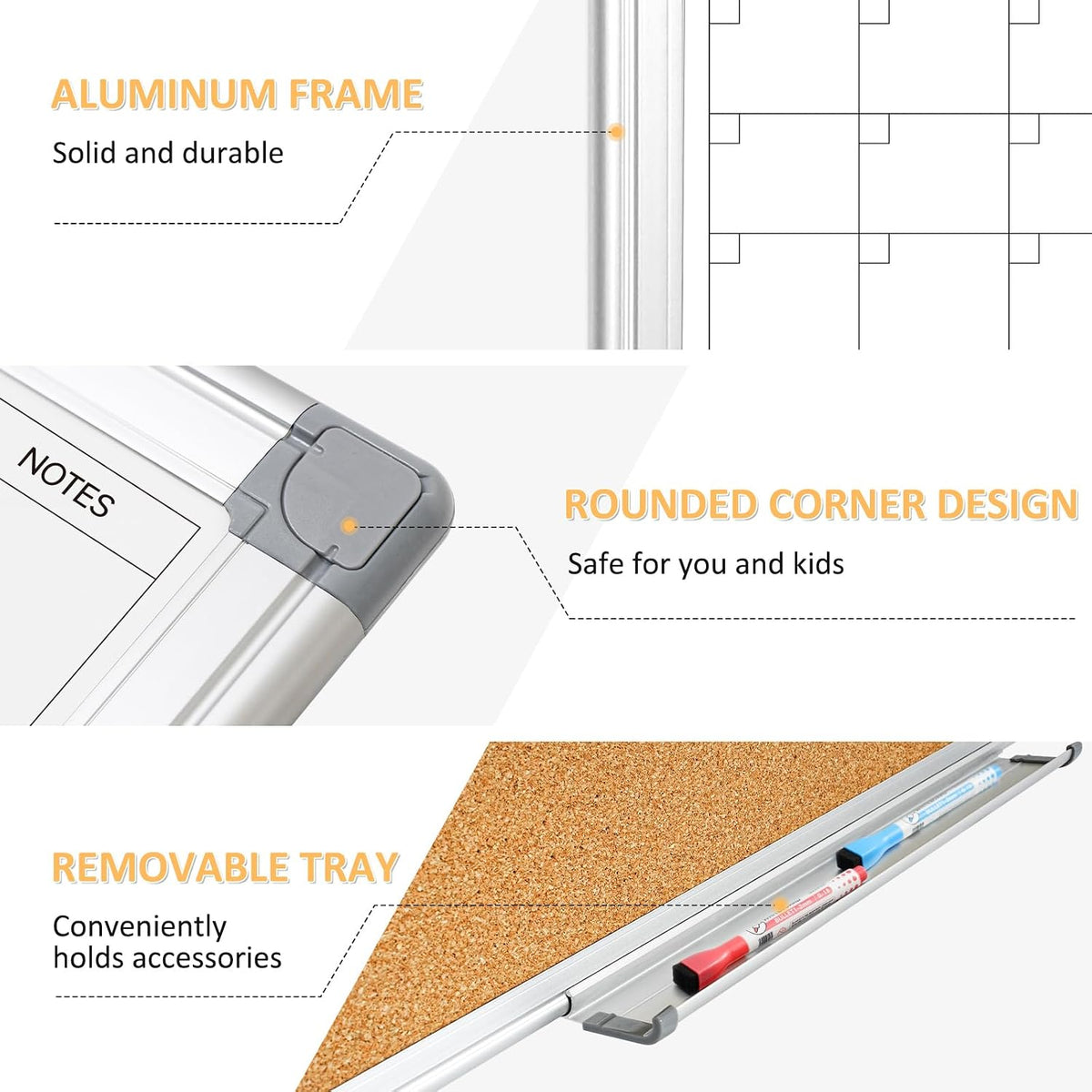 Monthly Dry Erase Calendar Whiteboard with Corkboard, 36" x 24", Si...