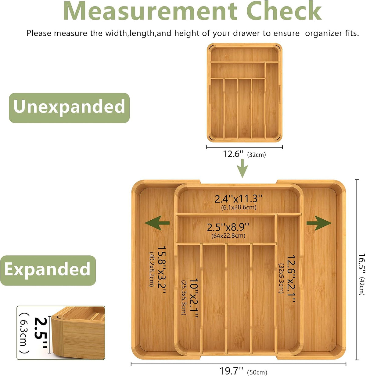 Suli Extra Large Silverware Drawer Organizer,Expand 12.6in to 19.7in,Bamboo