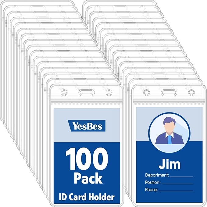 100 Pcs Vertical Badge Holders, Waterproof ID Badge Holder, Credit Cards by YesBes