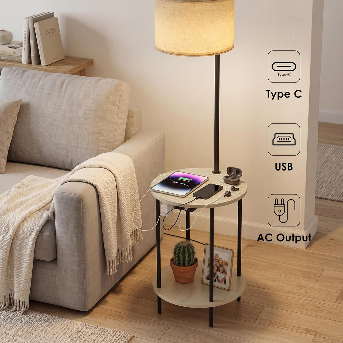 ONEWISH Floor Lamp with Table, USB/Type-C/AC Charging Ports, 9W LED Bulb, Rou...