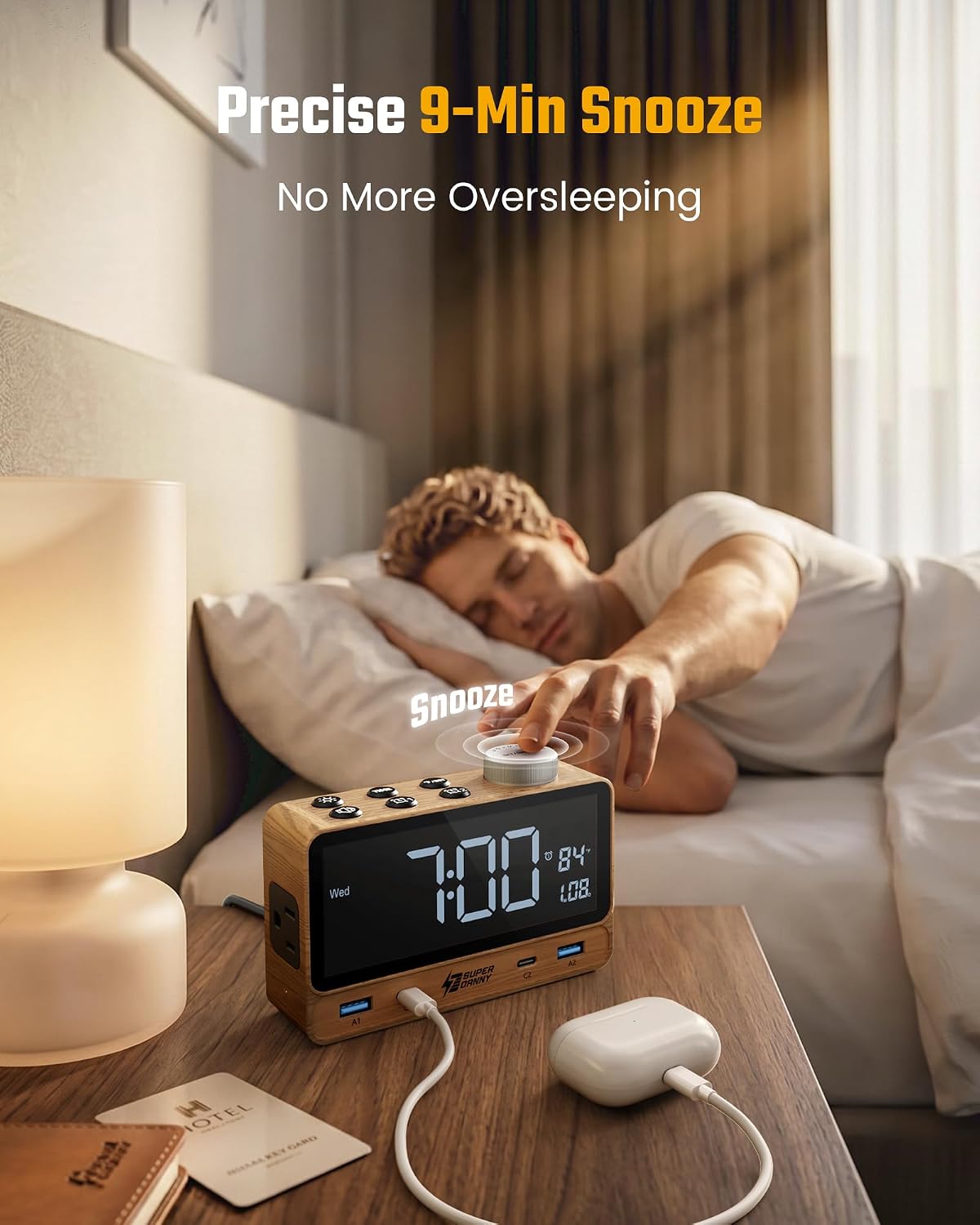superdanny alarm clock with pd 20w, 4 usb showing dimensions