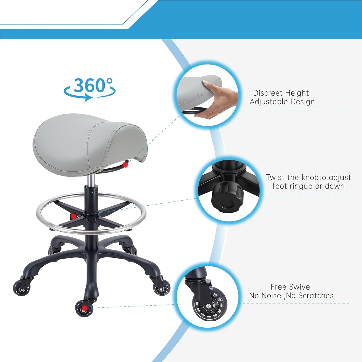 Saddle Salon Stool with Footrest,Heavy Duty, Adjustable Height((22.5" -3...