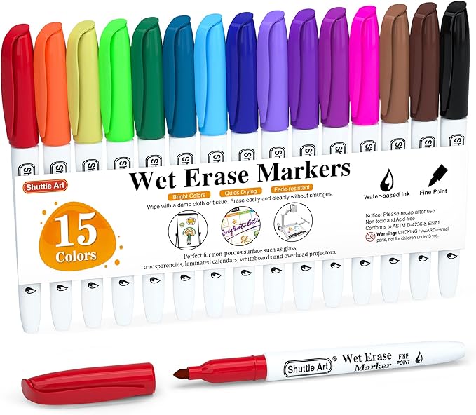 Shuttle Art Wet Erase Markers, 15 Colors 1mm Fine Tip Smudge-Free Markers by ShuttleArt