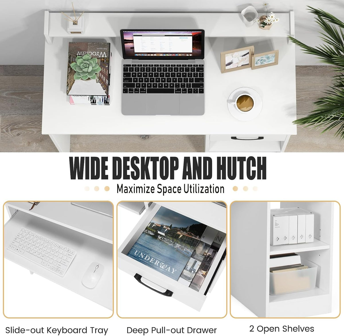 Computer Desk with Hutch & Keyboard Tray, Home Office Workstation with Dr...