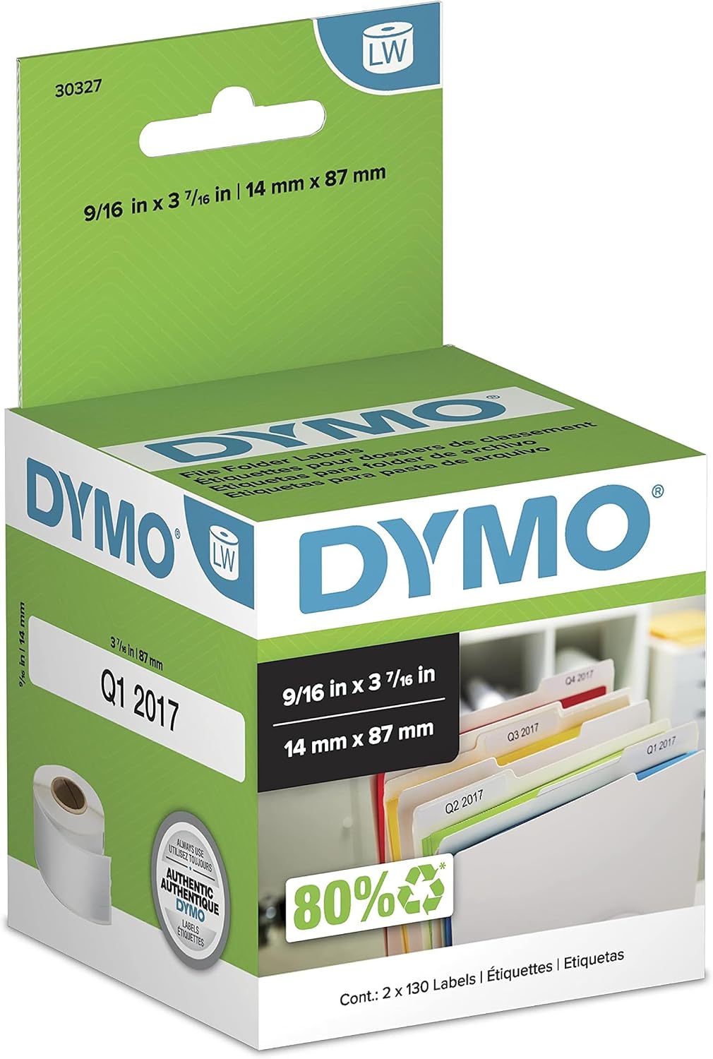 DYMO Authentic LW 1-Up File Folder Labels DYMO Labels for LabelWriter Label Printers White 9/16" x 3-7/16" 2 Rolls of 130 (260 Total) (Pack of 10)
