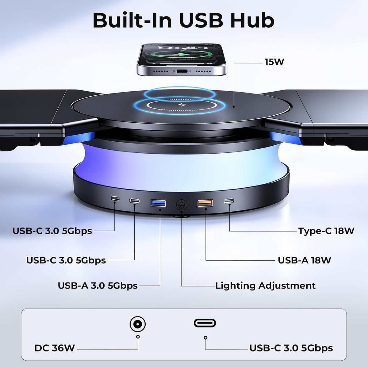 Dual Monitor Stand Riser with USB Hub, 15W Wireless Charging & RGB