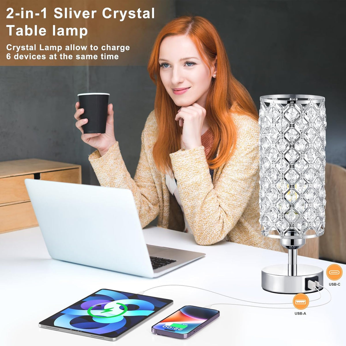 Sliver Crystal Table Lamp with Touch Control, Bedroom Light for Nightstand