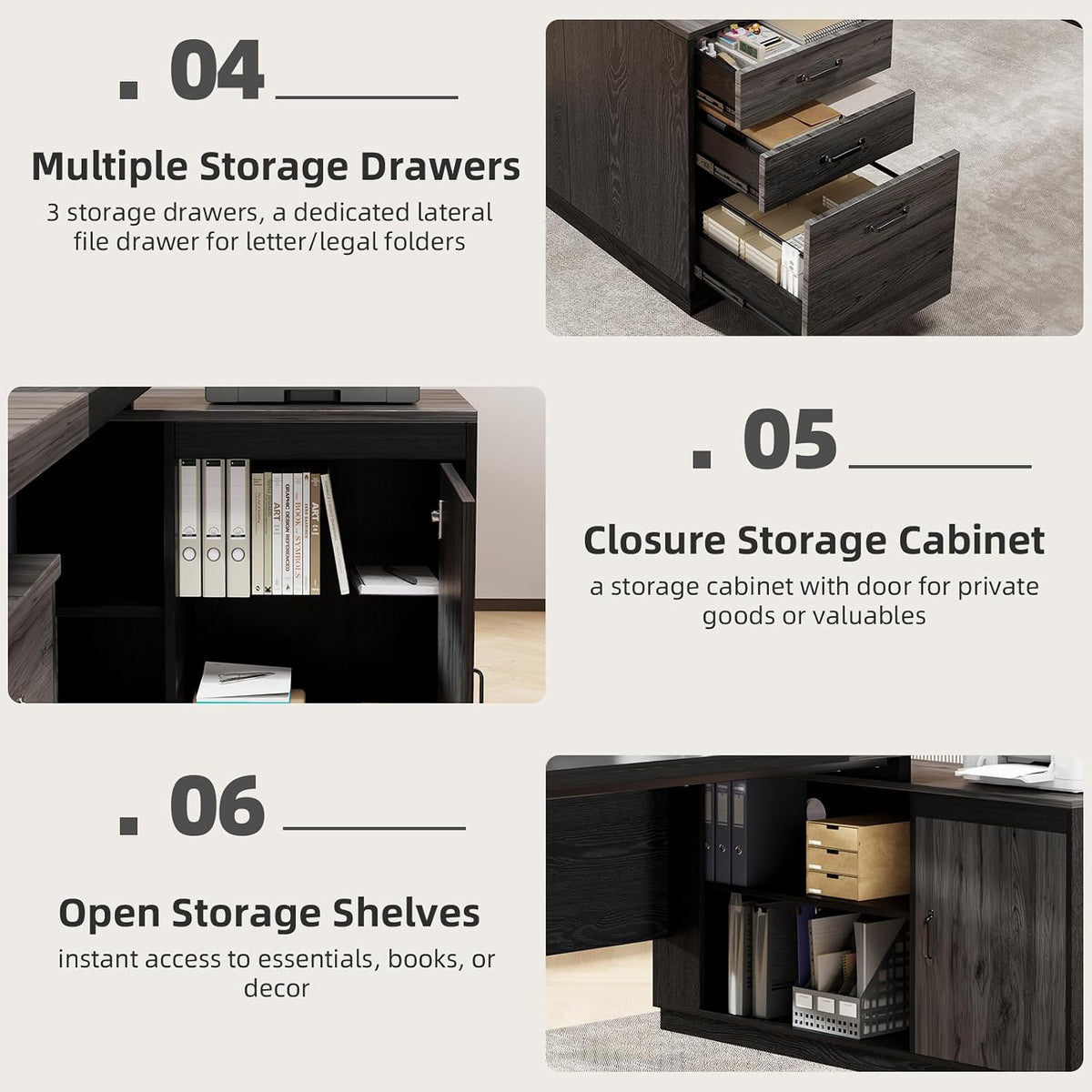 Epecoya L Shaped Desk with Drawers and Open Shelf 78-Inch, Grey Black
