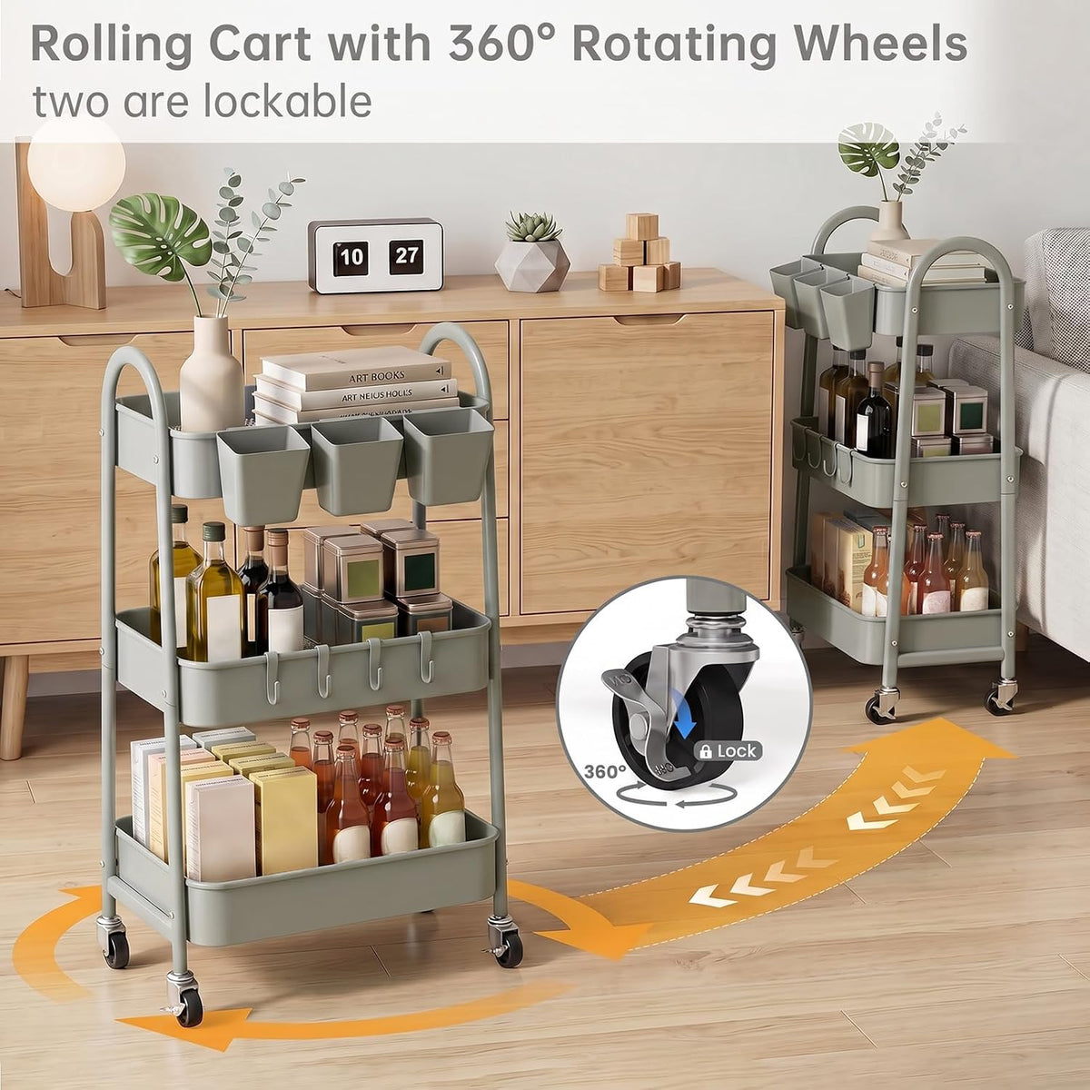 danpinera 3-Tier Rolling Cart, Metal Rolling Storage Cart with Wheels