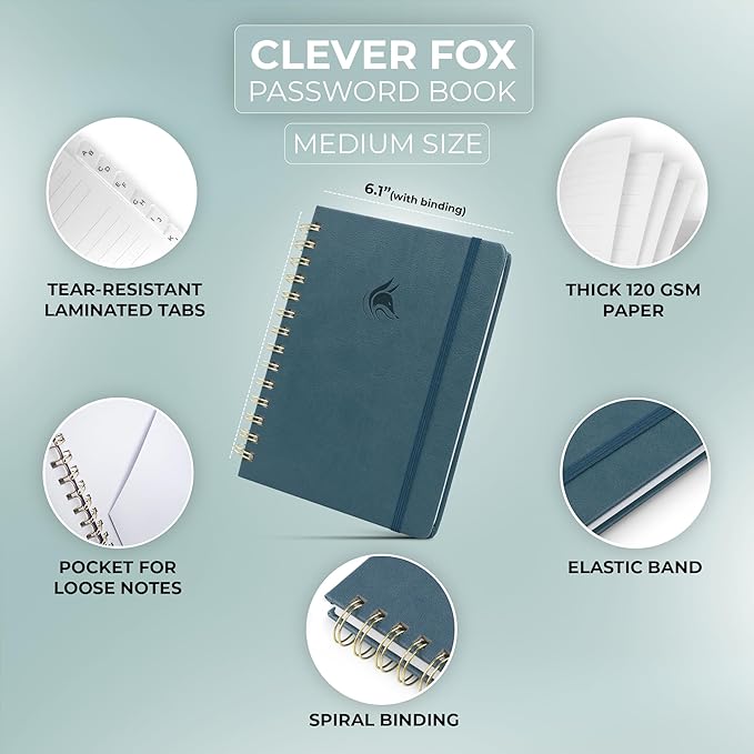Clever Fox Password Book Spiral – Internet Address & Password Organizer - Image 2