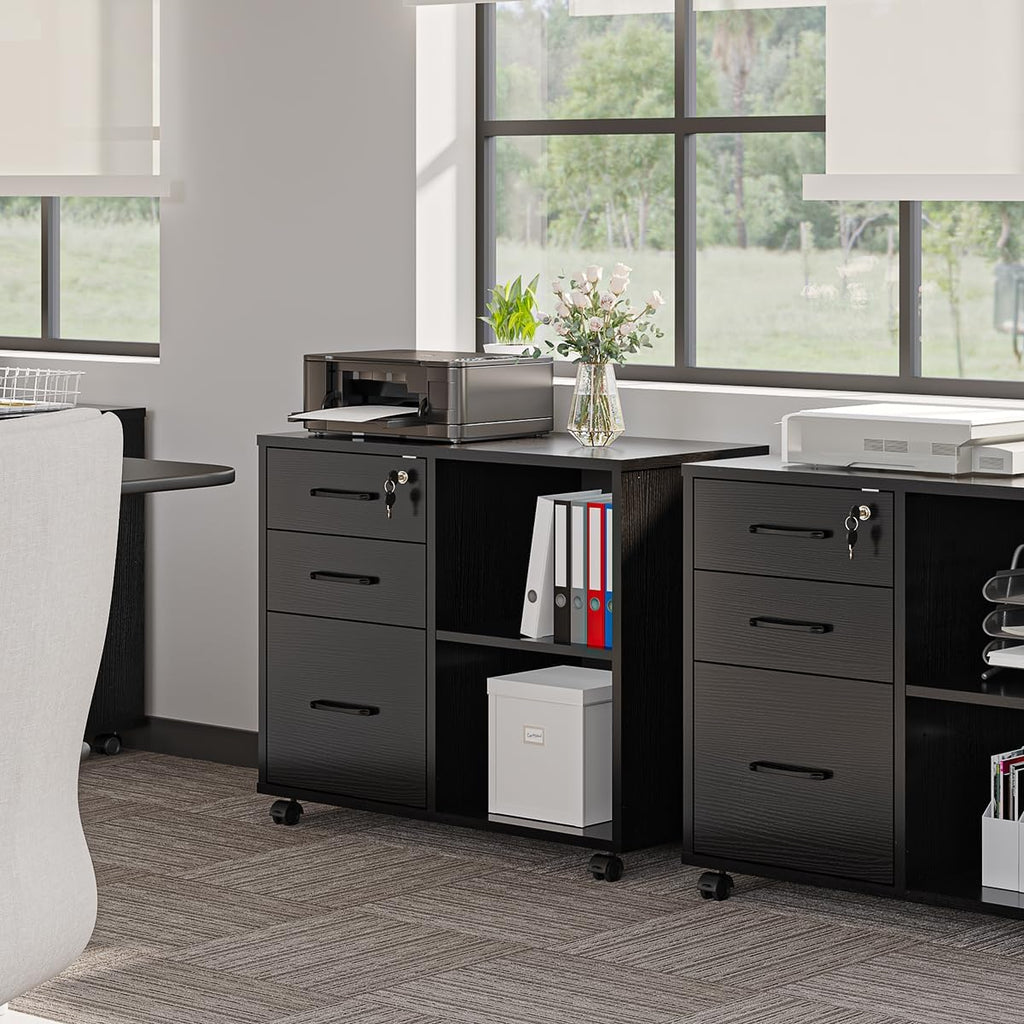 Panana 3 Drawer Office File Cabinets, Mobile Lateral Printer Stand with Open Storage Shelf, Rolling Filing Cabinet with Wheels Home Office Organization and Storage (Black)