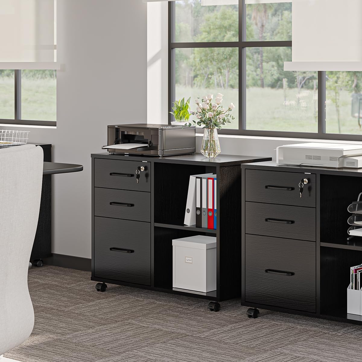 Panana 3 Drawer Office File Cabinets, Mobile Lateral Printer Stand with Open Storage Shelf, Rolling Filing Cabinet with Wheels Home Office Organization and Storage (Black)