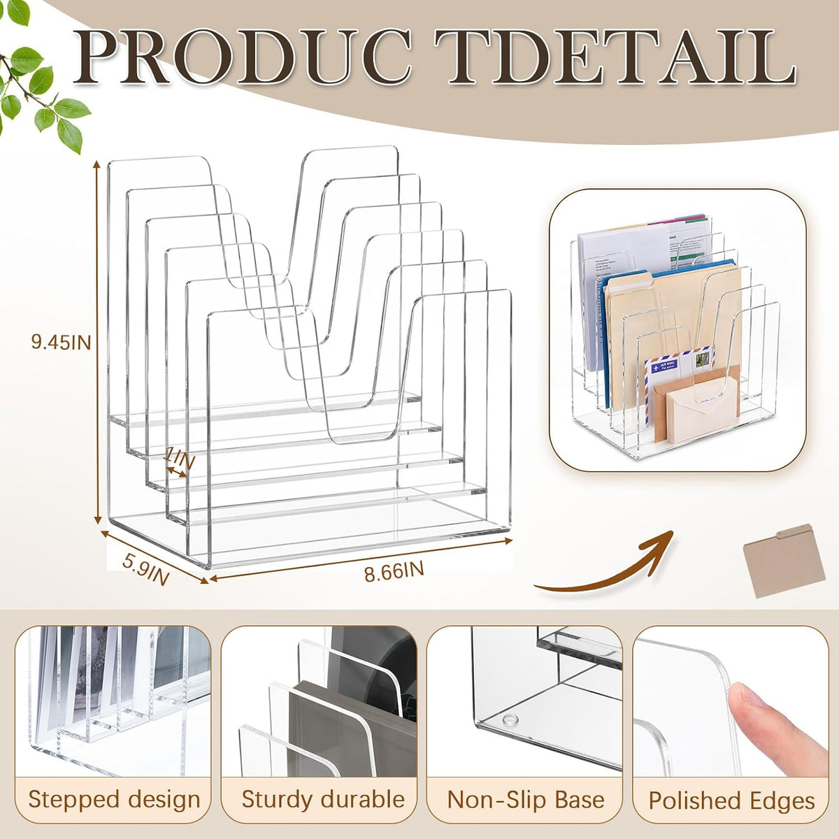 5 Section Clear Acrylic File Organizer, Inclined Desktop File Sorter