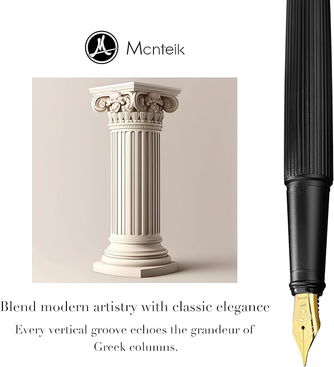 MCNTEIK Matte Black Fountain Pen, Exquisite Vertical Grooving Design, Ink - Image 3