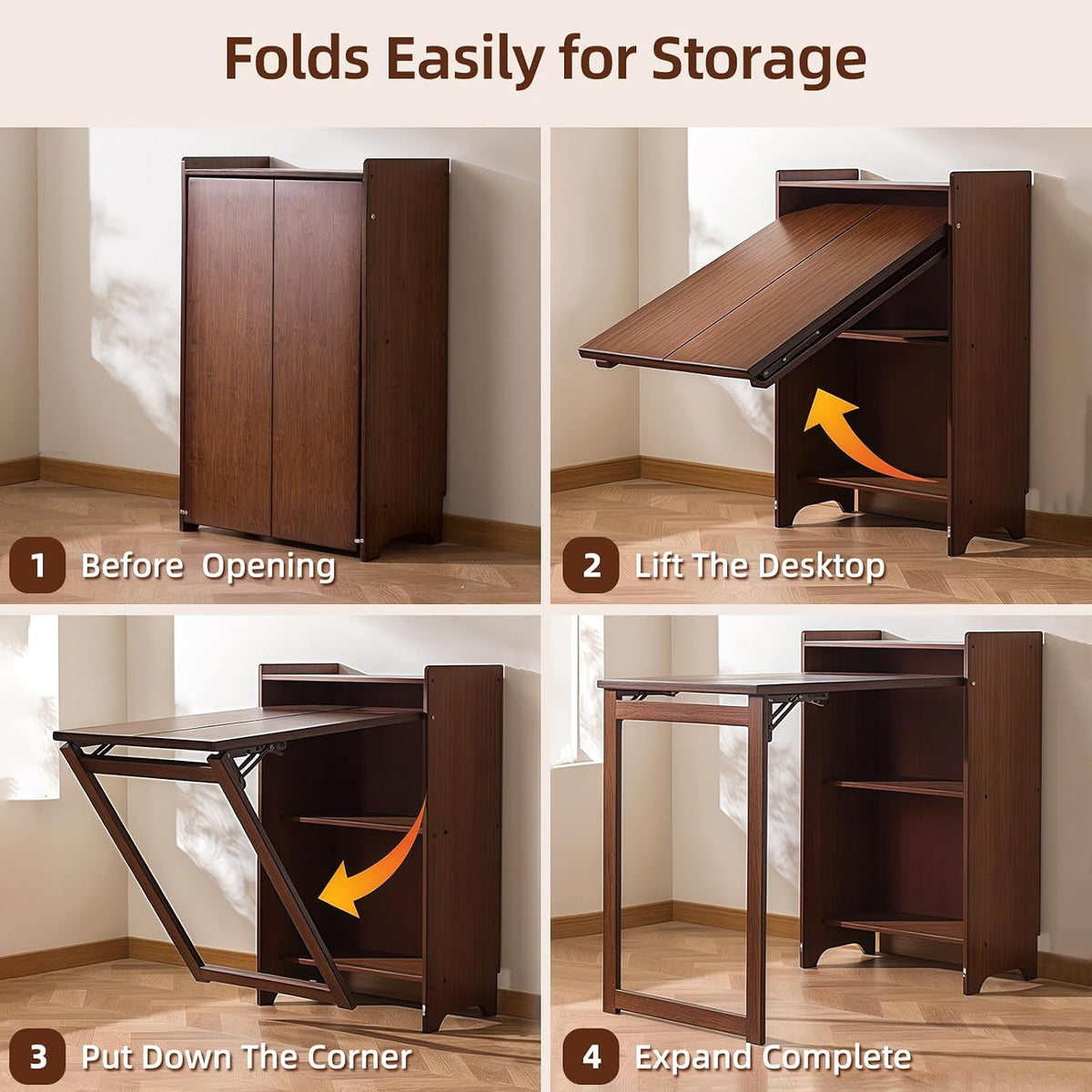 Bamboo Folding Desk with Storage, Foldable Desk for Small Spaces, Brown