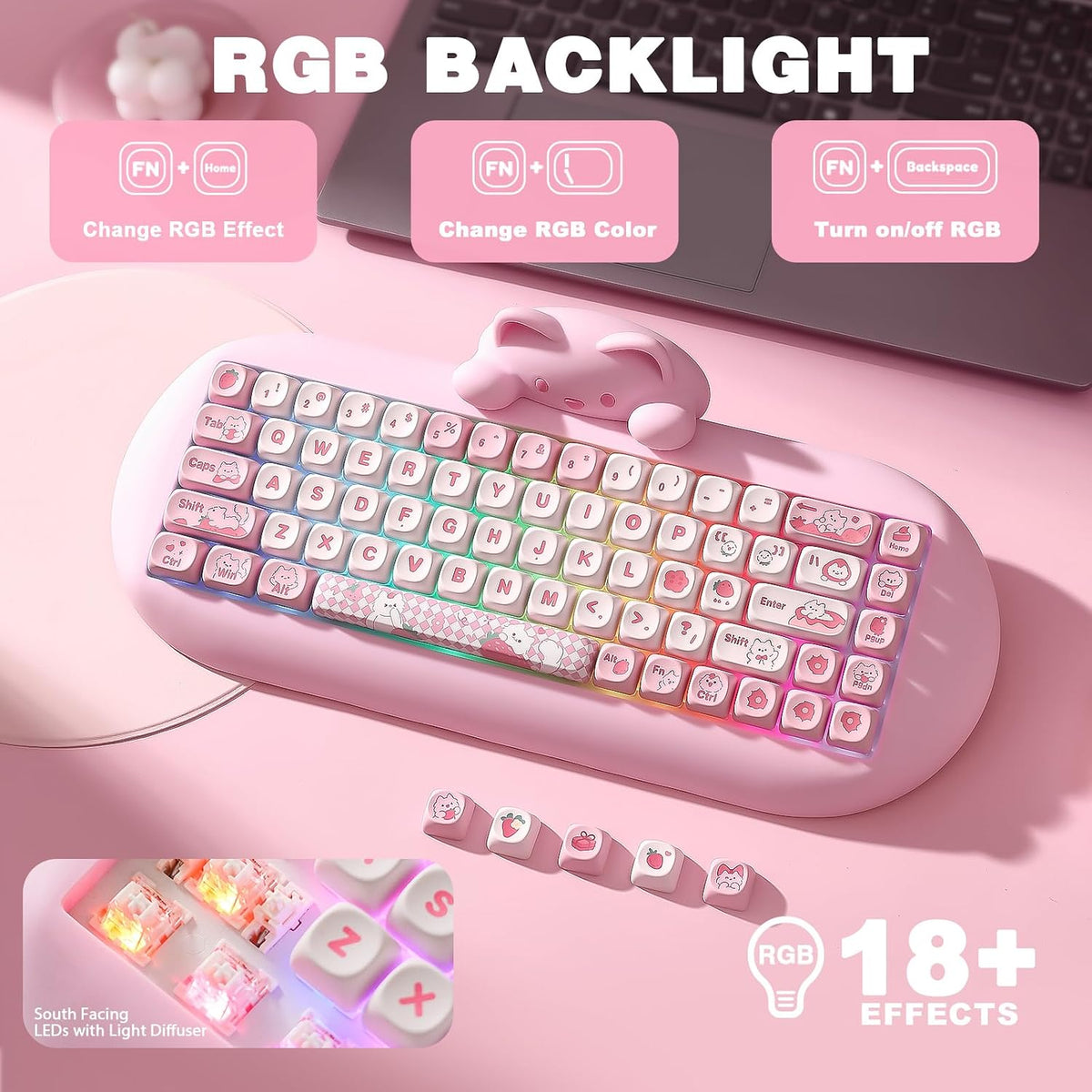YUNZII C68 Silicone Cute Cat Mechanical Keyboard (Pink, Cocoa Cream Switch)