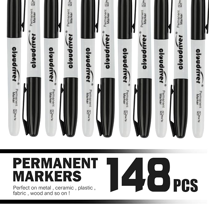 cloudriver Permanent Markers, 148 Pack Black Permanent Markers Set, Fine Point - Image 2