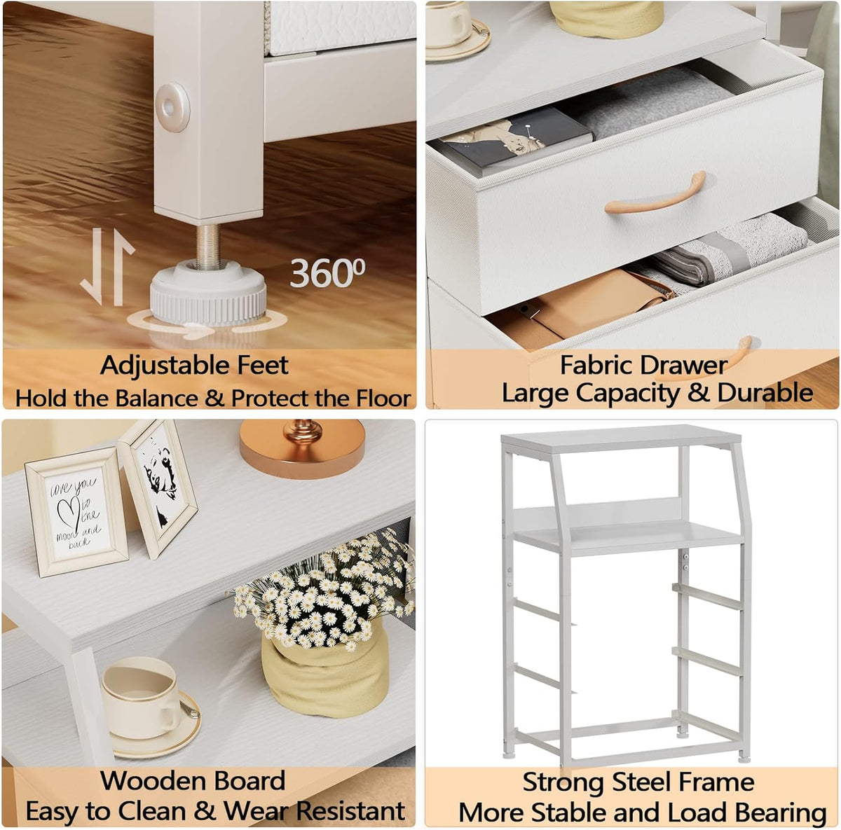 Furnulem White Night Stand with 3 Fabric Drawers, Small Bedside Table